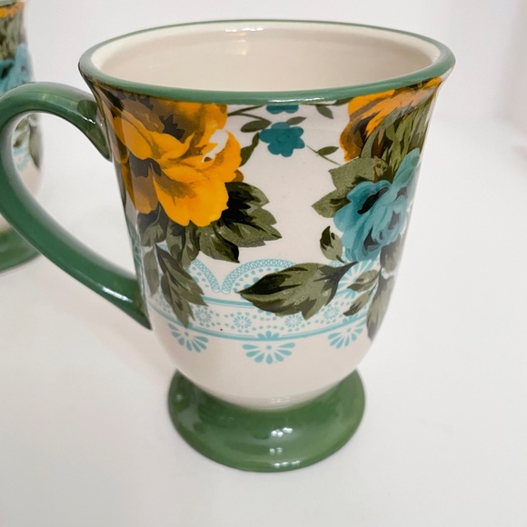 2 Authentic The Pioneer Woman Rose Shadow 18-Ounce Footed Latte Mug White Green - Picture 5 of 9